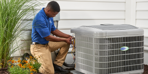 Technician services air conditioner outside as part of routine heating and cooling maintenance.