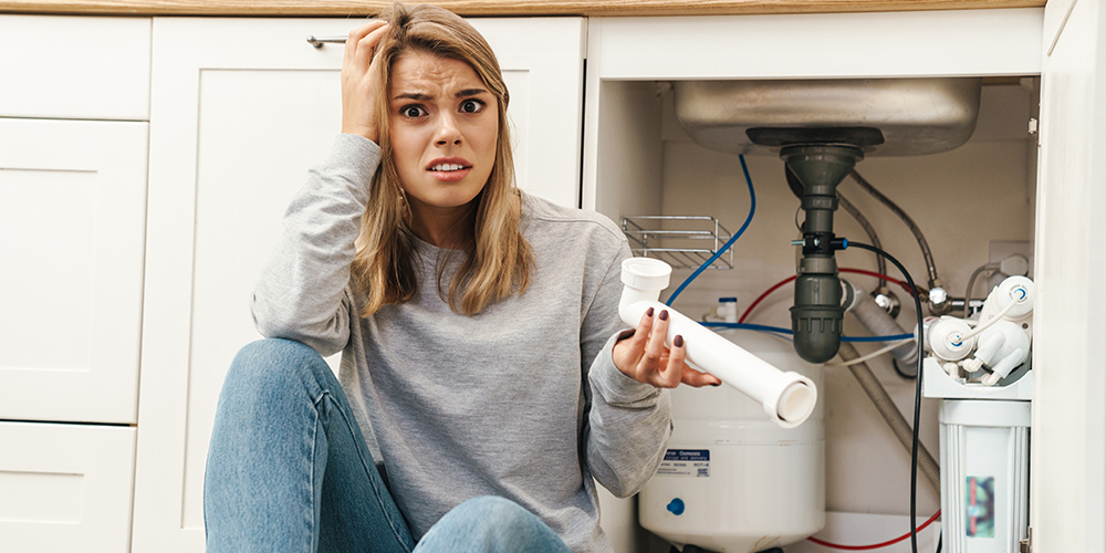 Young Female Homeowner struggles with summer plumbing problems with her kitchen sink.